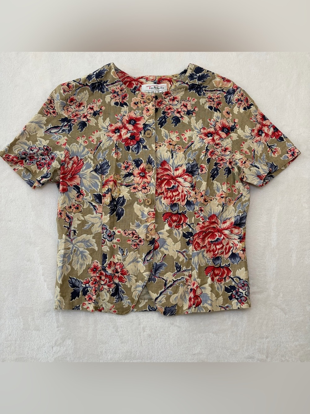 VTG Talbots Petites 4P Floral‎ Linen Cotton Button Front Blouse 90s Cottagecore